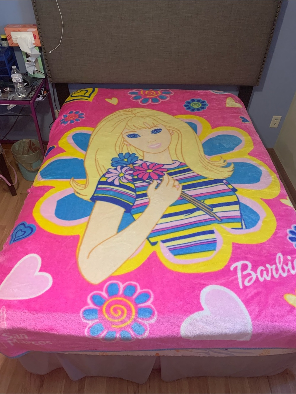 Barbie Bright Pink Floral & Heart Plush Throw Blanket